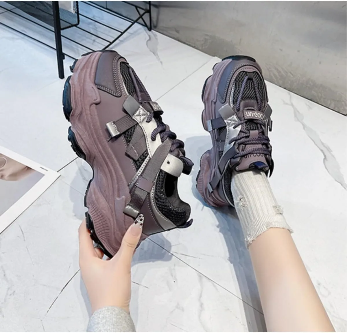 Women's Platform Dad Sneakers - Chunky Fashion Athletic Shoes with 2.4" Height Increase, Mesh Breathable Casual Walking Shoes (White, Gray, Purple)