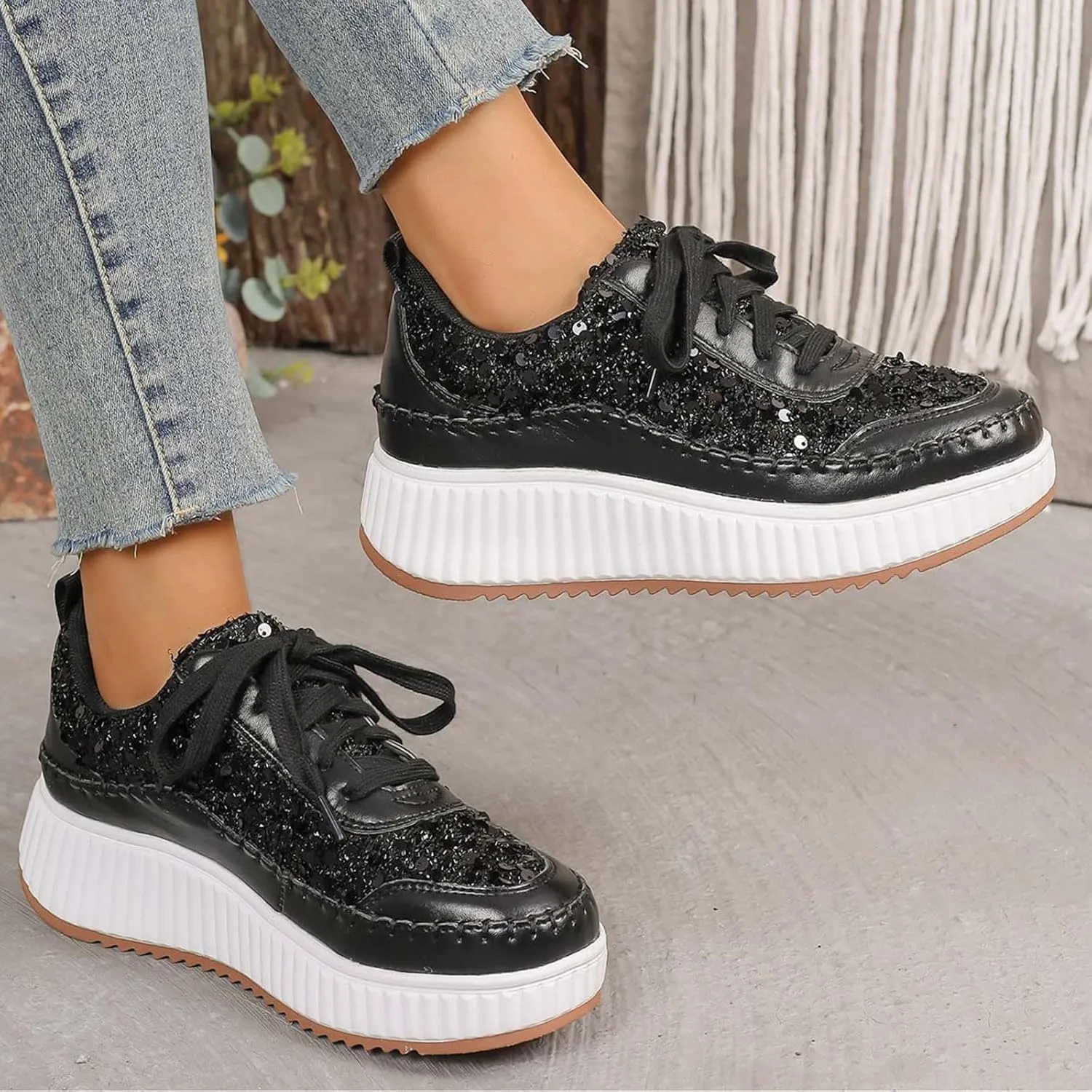 Women's Platform Sneakers Arch Support Lace Up Casual Slip On Non Slip Walking Shoes Ladies Fashion Air Cushioned Comfortable Soft Insole Classic Boat Shoe Jogging Sneaker