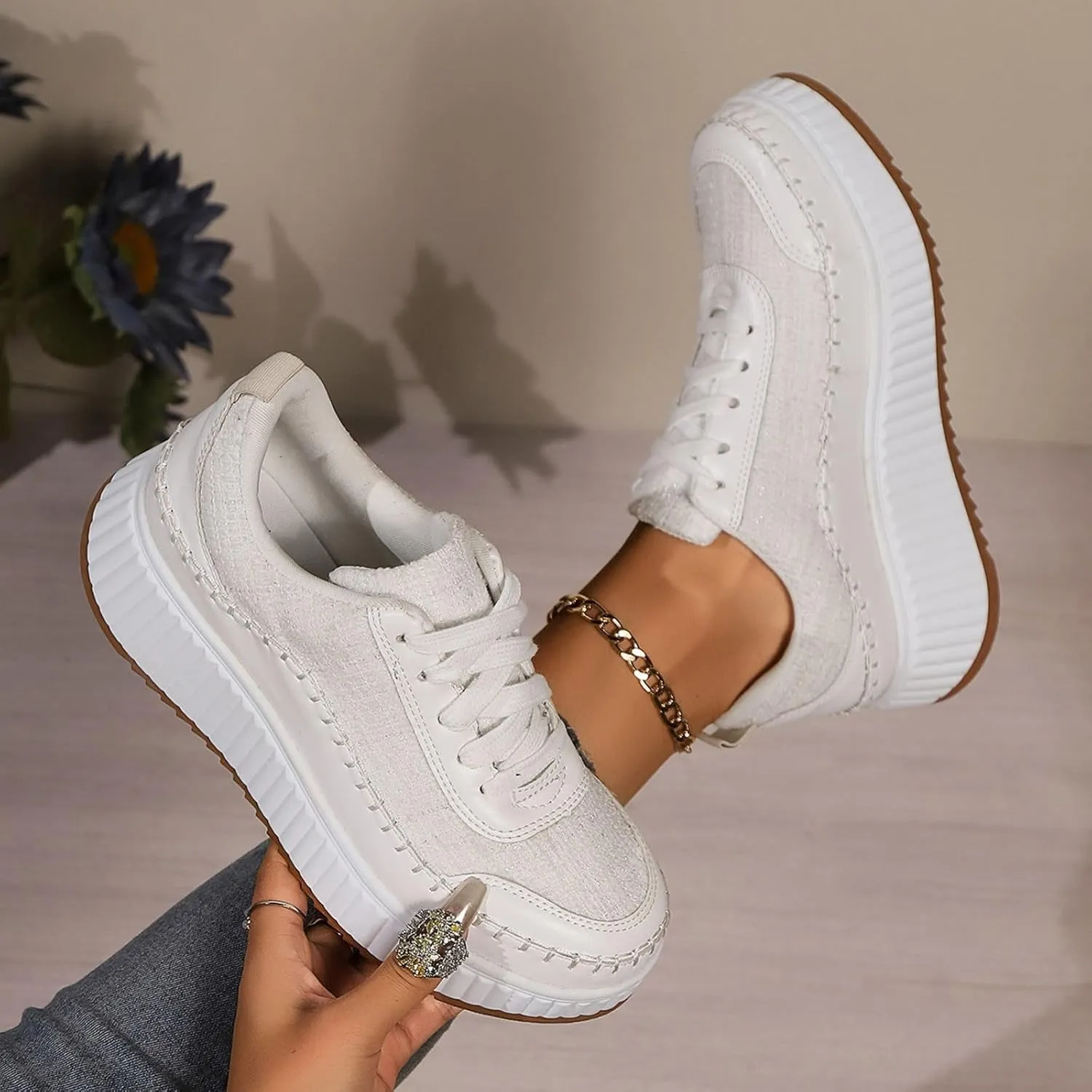 Women's Platform Sneakers Arch Support Lace Up Casual Slip On Non Slip Walking Shoes Ladies Fashion Air Cushioned Comfortable Soft Insole Classic Boat Shoe Jogging Sneaker