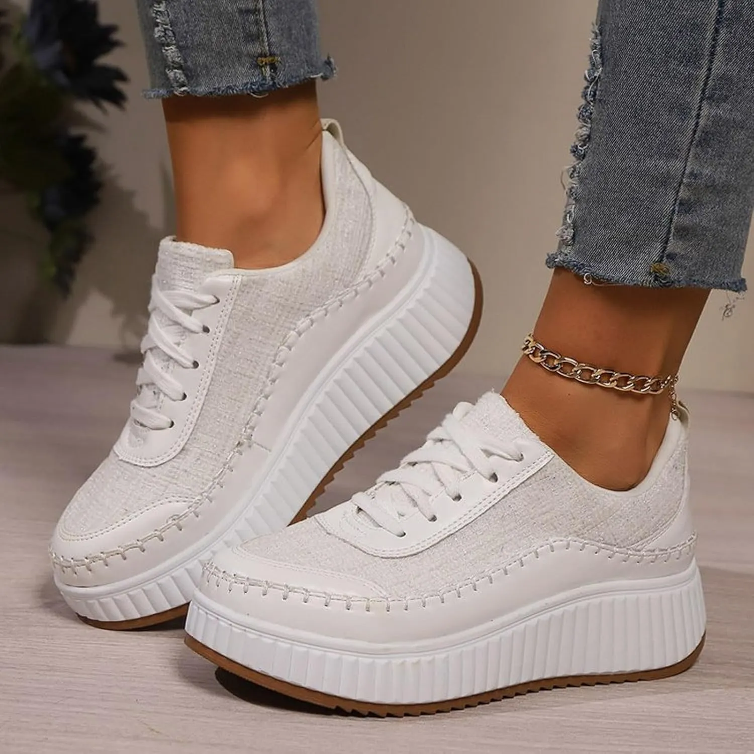 Women's Platform Sneakers Arch Support Lace Up Casual Slip On Non Slip Walking Shoes Ladies Fashion Air Cushioned Comfortable Soft Insole Classic Boat Shoe Jogging Sneaker