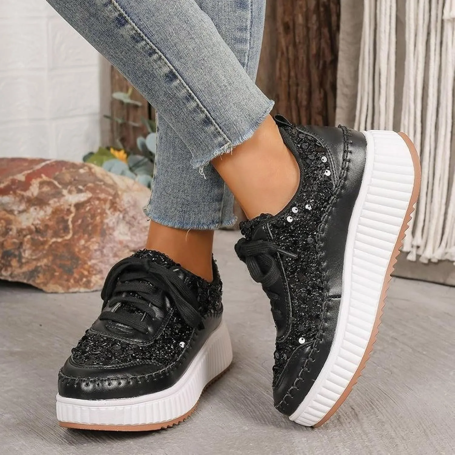 Women's Platform Sneakers Arch Support Lace Up Casual Slip On Non Slip Walking Shoes Ladies Fashion Air Cushioned Comfortable Soft Insole Classic Boat Shoe Jogging Sneaker