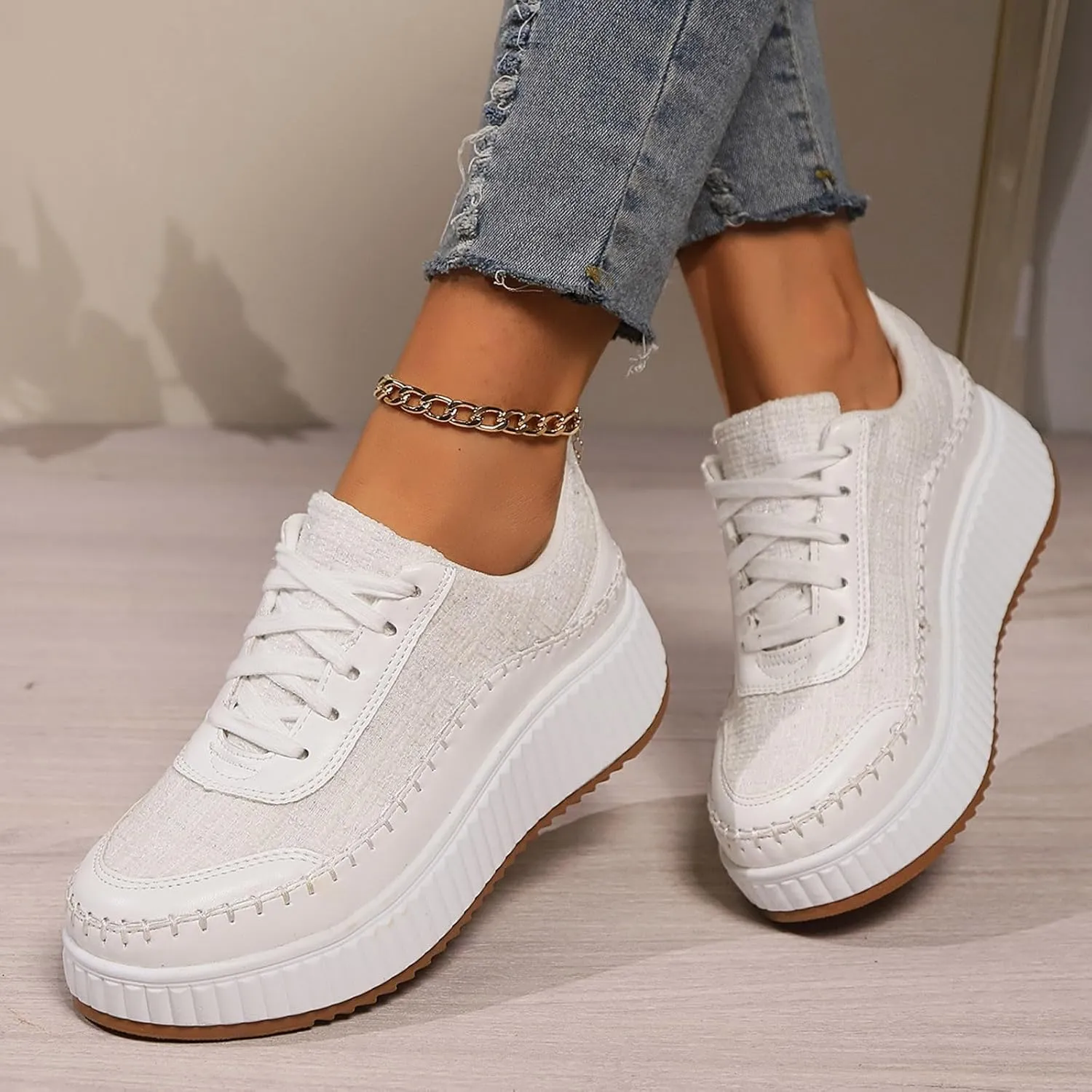 Women's Platform Sneakers Arch Support Lace Up Casual Slip On Non Slip Walking Shoes Ladies Fashion Air Cushioned Comfortable Soft Insole Classic Boat Shoe Jogging Sneaker