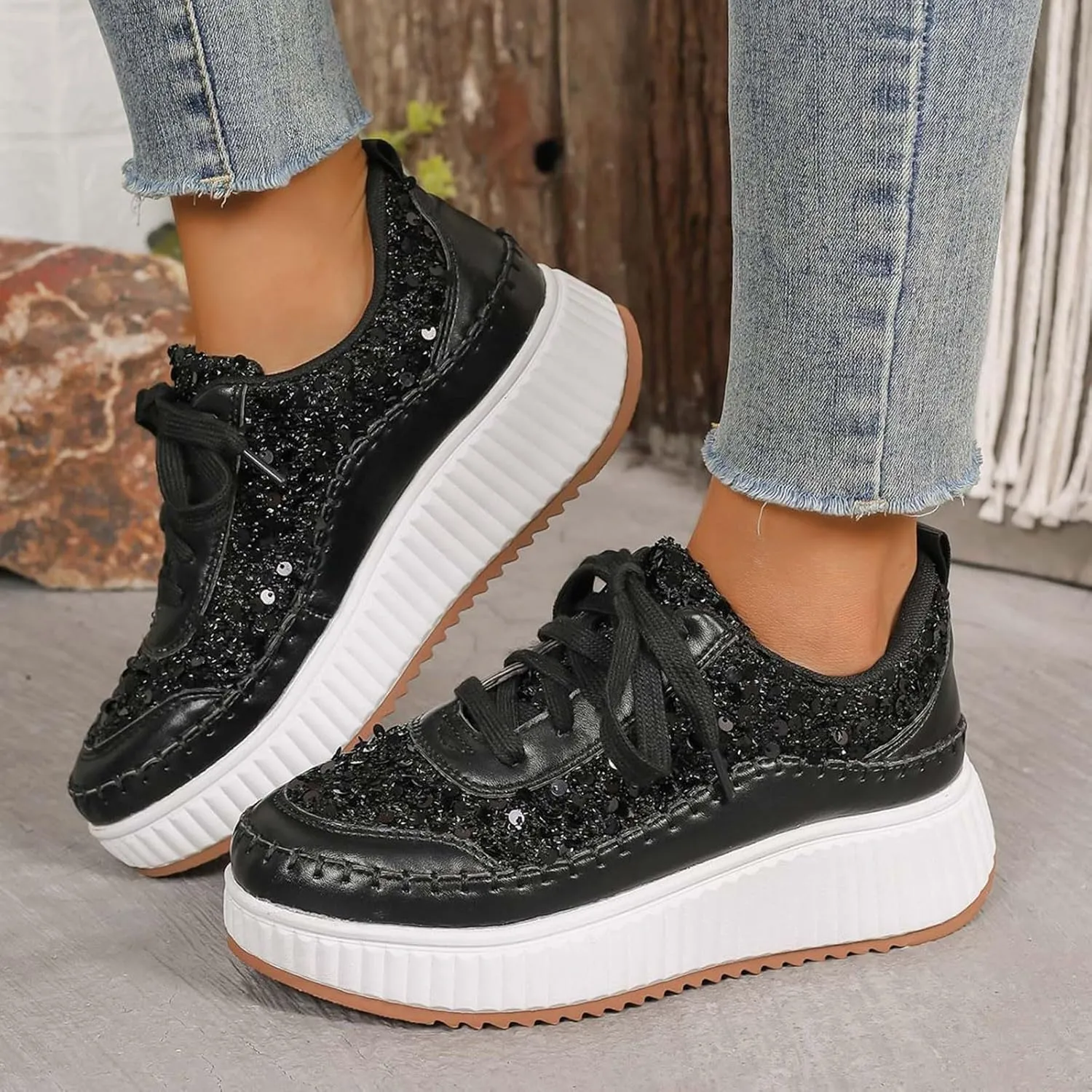 Women's Platform Sneakers Arch Support Lace Up Casual Slip On Non Slip Walking Shoes Ladies Fashion Air Cushioned Comfortable Soft Insole Classic Boat Shoe Jogging Sneaker