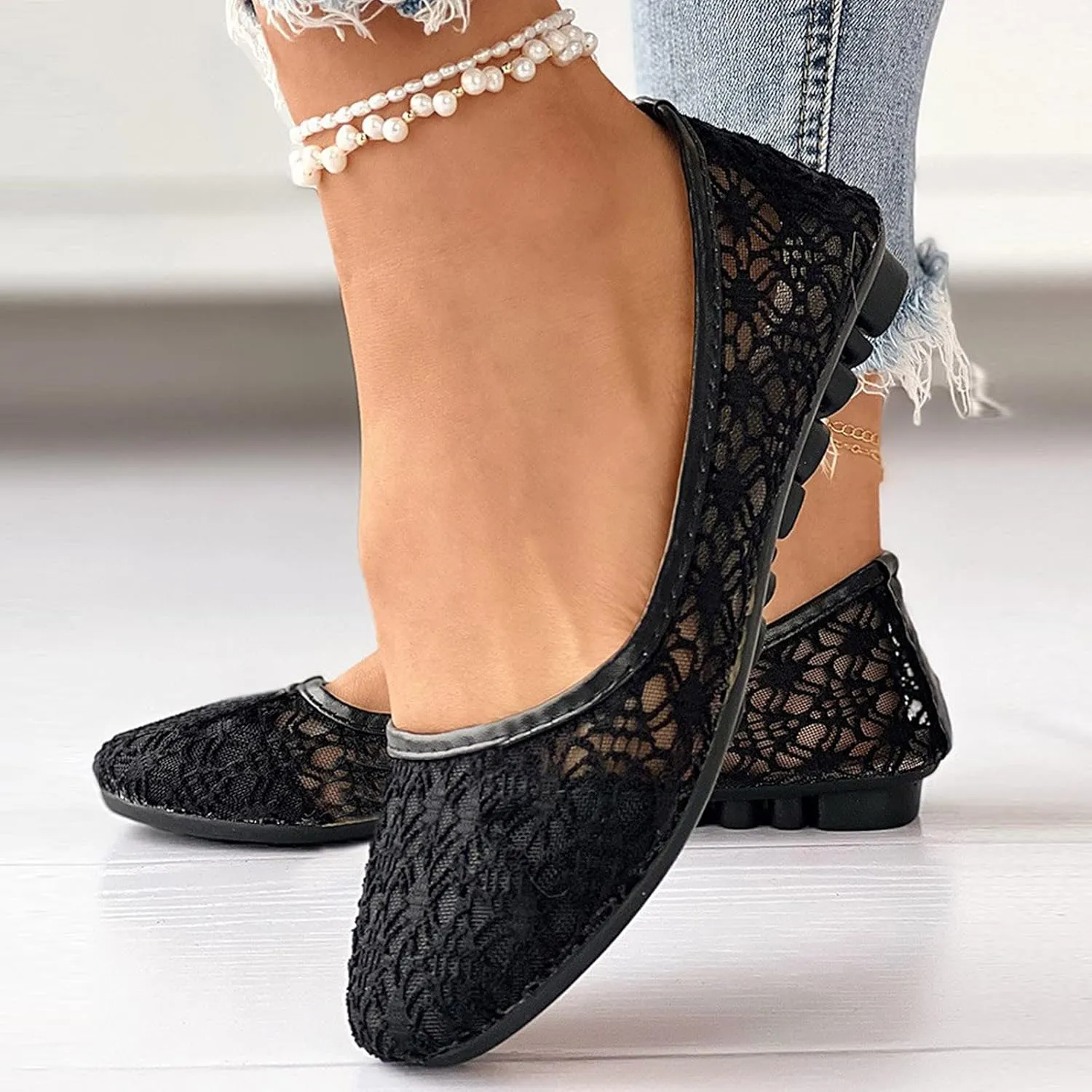 Women’s Shoes Women Hollow Embroidery Slip On Front Work Loafers Lace Flowers Casual Shoes