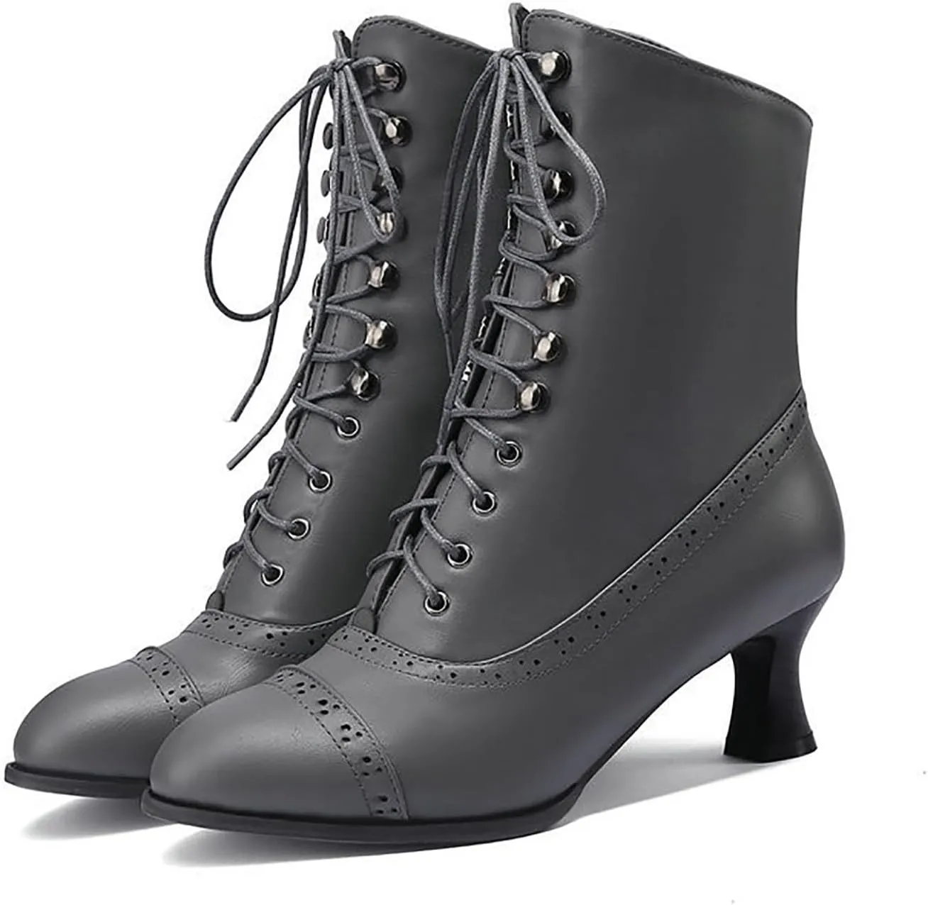 Womens Short Ankle Boots Lace Up for Women Side Zipper Victorian Booties Closed Toe Block Chunky Mid Heel Shoes