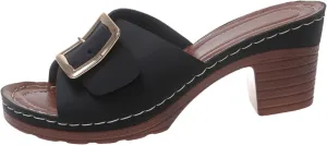 Women's Slide Heeled Sandals Opened Square Toe Chunky Block Heel Slippers with Buckle Slip on Long Womens Slippers
