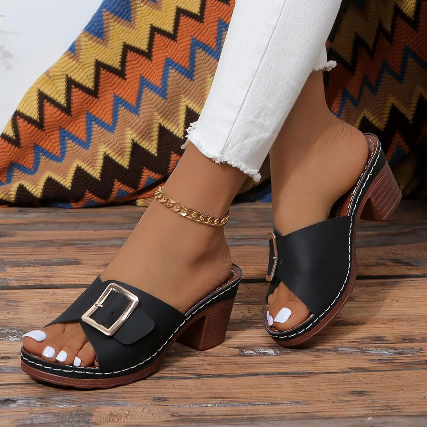 Women's Slide Heeled Sandals Opened Square Toe Chunky Block Heel Slippers with Buckle Slip on Long Womens Slippers