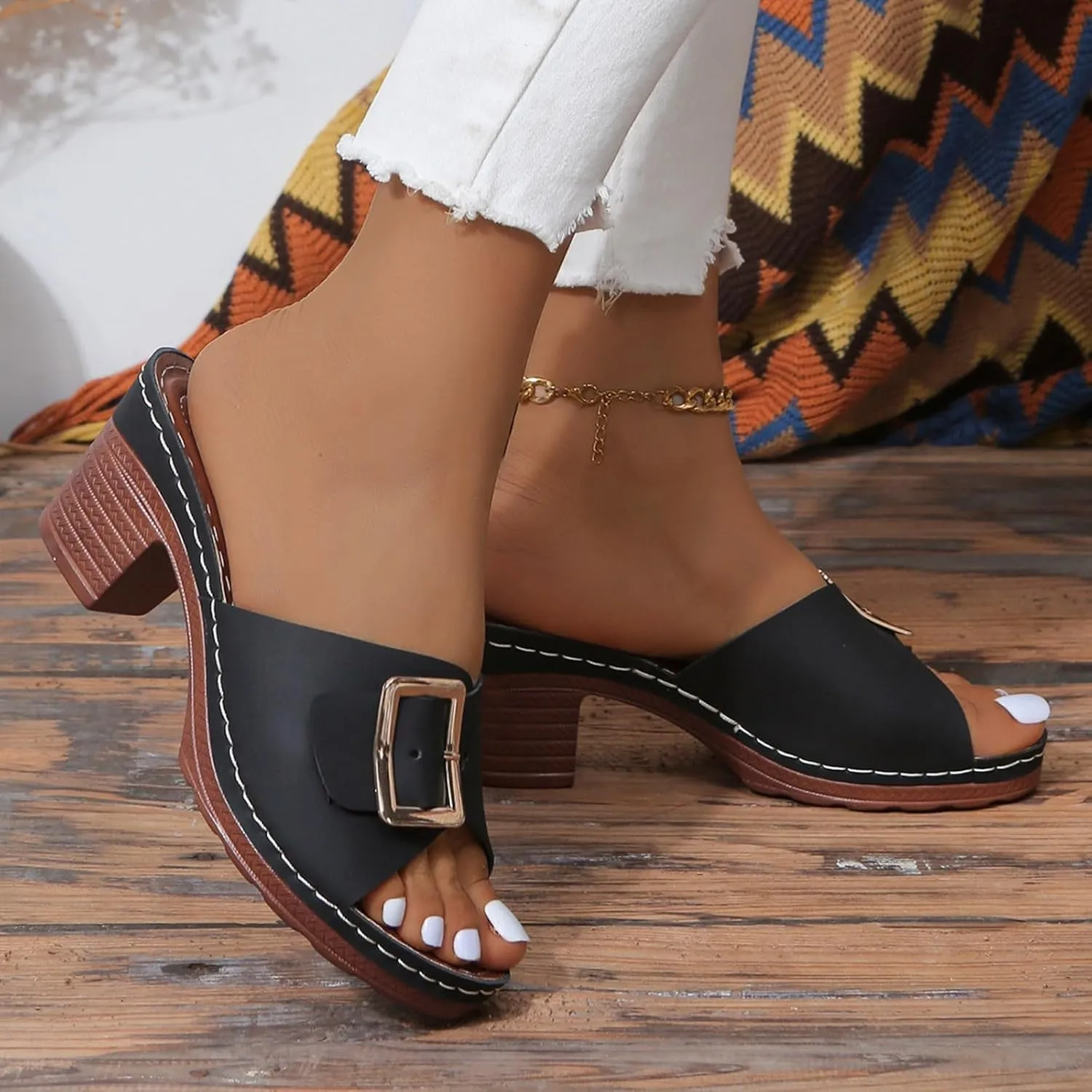 Women's Slide Heeled Sandals Opened Square Toe Chunky Block Heel Slippers with Buckle Slip on Long Womens Slippers