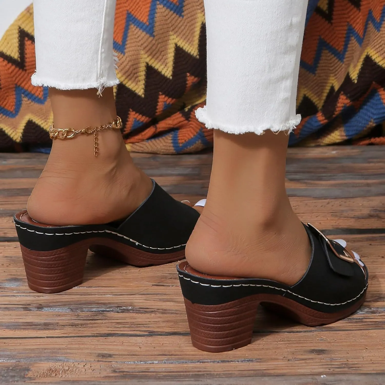 Women's Slide Heeled Sandals Opened Square Toe Chunky Block Heel Slippers with Buckle Slip on Long Womens Slippers