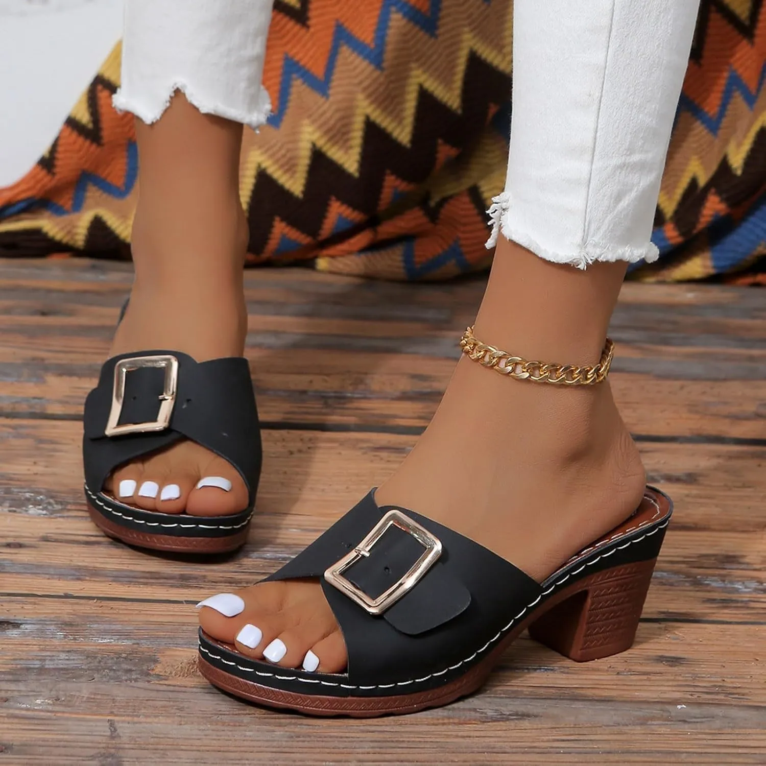 Women's Slide Heeled Sandals Opened Square Toe Chunky Block Heel Slippers with Buckle Slip on Long Womens Slippers