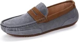 WOUND Mens Men's Loafers Suede Vamp Genuine Leather Stitching Details Round Toe Penny Loafer Flexible Flat Heel Anti-Slip Comfortable Fashion Classic (Color : Grey, Size : 10)
