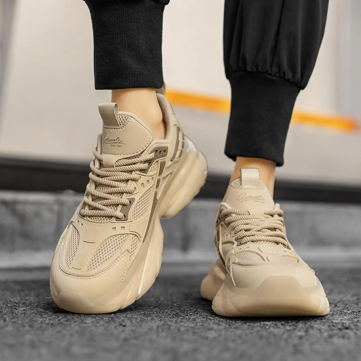 YCMM Casual Mesh Walking Shoes for Men Chunky Platform Sneakers Breathable Lace-Up Dad Style Footwear for Work Workout Everyday Use
