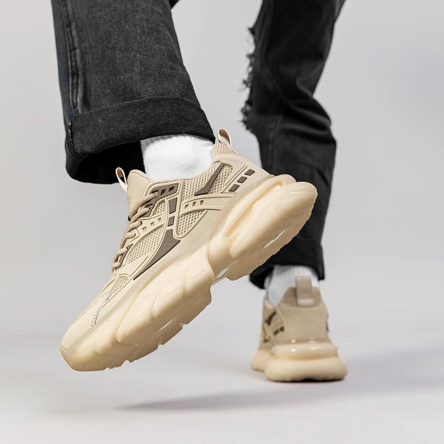 YCMM Casual Mesh Walking Shoes for Men Chunky Platform Sneakers Breathable Lace-Up Dad Style Footwear for Work Workout Everyday Use